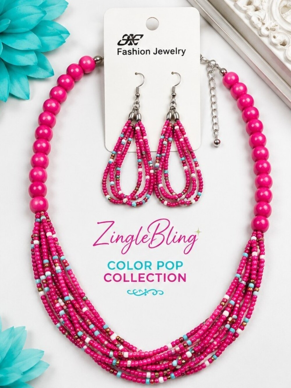 NEW OLD STOCK Hot Pink Dyed Wood Multi Strand Seed Bead Necklace Earring Set